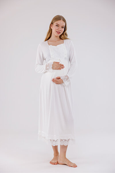Yulem Homewear Ecru Special Lace Detailed Design Cotton Long Sleeve Maternity...