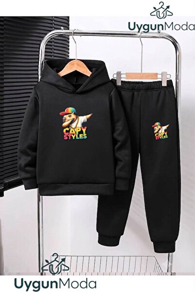 UygunModa Capy Styles Printed Hooded Thick Cotton Inside Padding Tracksuit wi...
