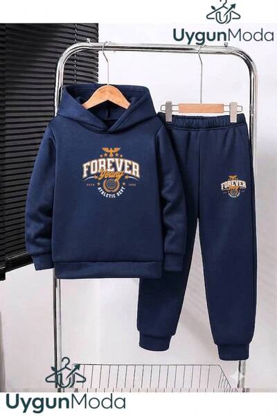 UygunModa Forever Yazi Printed Hooded Thick Cotton Inside Padding Tracksuit w...