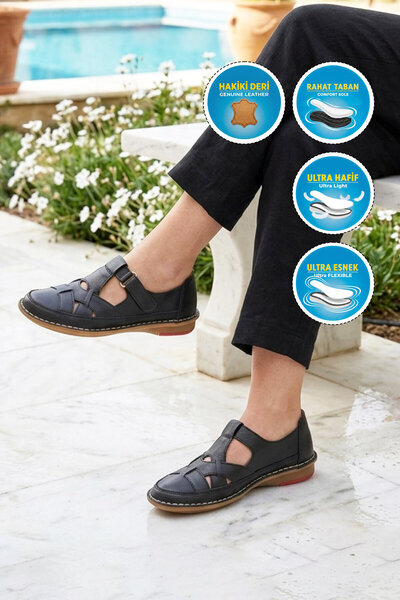 AYAKMOD Black Narrow Fit Orthopedic Comfortable Sole Genuine Leather Velcro W...