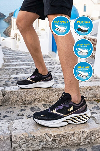 WALKWAY Black-Gold Mesh Lightweight Comfortable Sole Men's Running, Walking a...