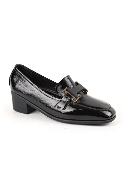 Libero Loafer cu toc pentru femei, negru, din piele naturală lăcuită, cu vârf...