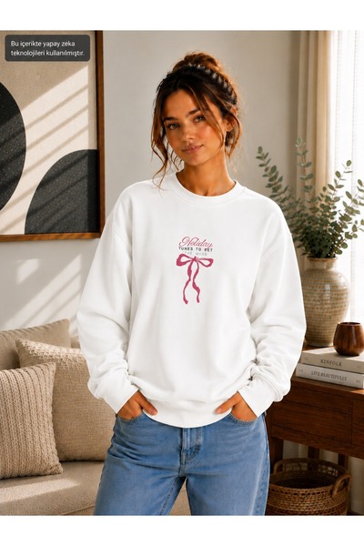 caddekombin Women's Ribbon Printed Holiday Tunes Written Round Crew Neck Casu...