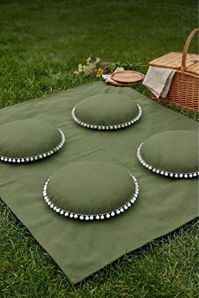 Rona Home Zeytin Yeşili Haki Ponponlu Piknik Örtüsü Ve 4 Adet Minder Seti Bah...