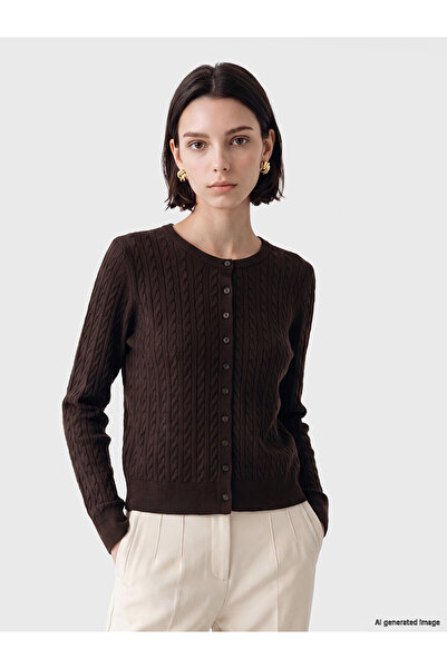 LC Waikiki Lcw Modest Brown Knitwear Patterned Short Women's Cardigan with Ne...