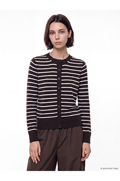 LC Waikiki Lcw Modest Brown Knitwear Striped Short Women's Cardigan with Neva...