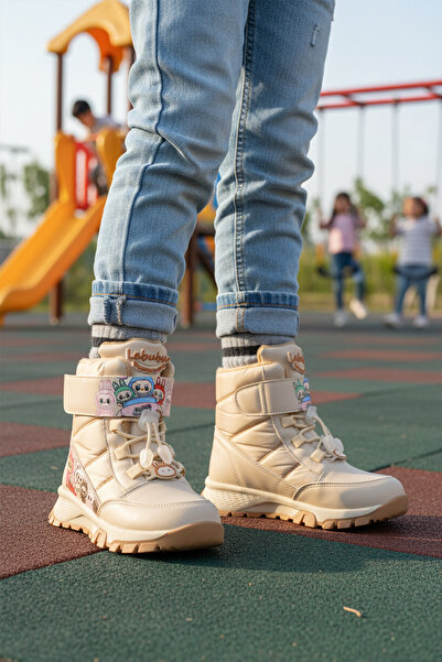 AYAKMOD Beige Cold-Resistant Non-Slip Sole Patterned Velcro Lace-Up Girls' Sn...