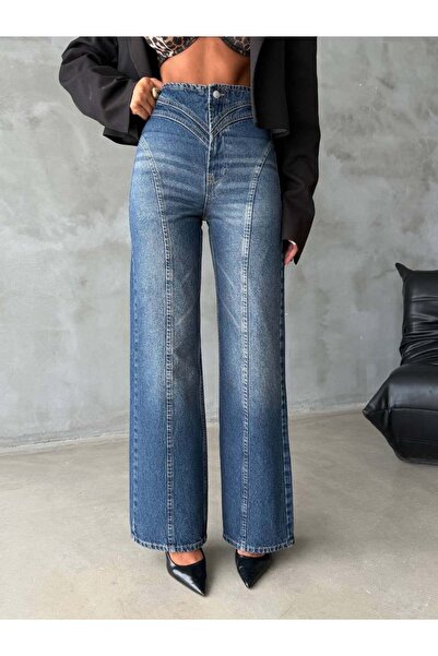 HerTon Women's High Waist Asymmetrical Stitched Wide Leg Jean Trousers