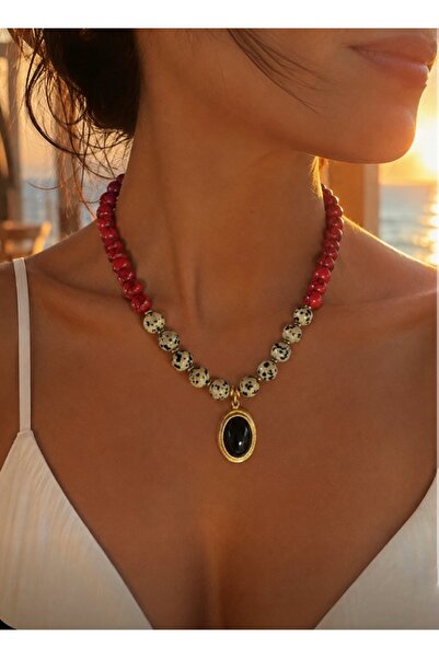 TARZ-I TAKI Natural Stone 10 mm Coral @ Jasper Stone Stone End Two Color Neck...