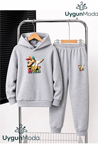 UygunModa Capy Styles Printed Hooded Thick Cotton Inside Padding Tracksuit wi...