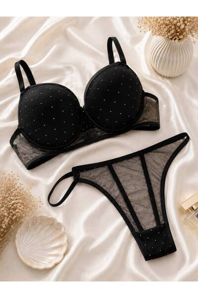 Softwearr Women's Stoned Support Bra and Transparent Tulle Panties Set