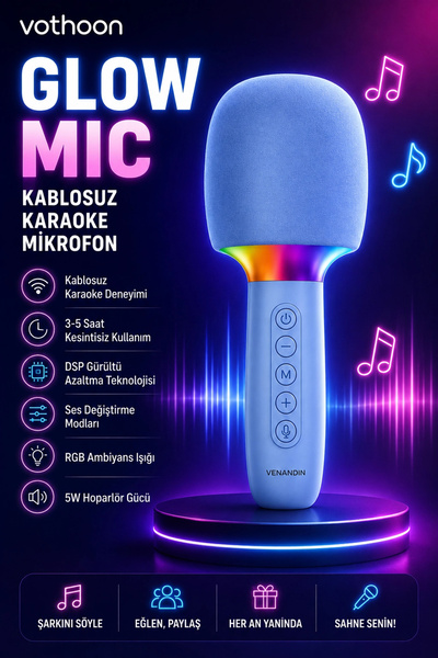 Vothoon Çocuk ve Yetişkin Karaoke Mikrofonu Kablosuz RGB Ambiyans Işığı Ses Değiştirme Modlu Hoparlör