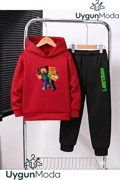 UygunModa Double Green Shape Printed Hooded Thick Cotton Inside Padding Track...