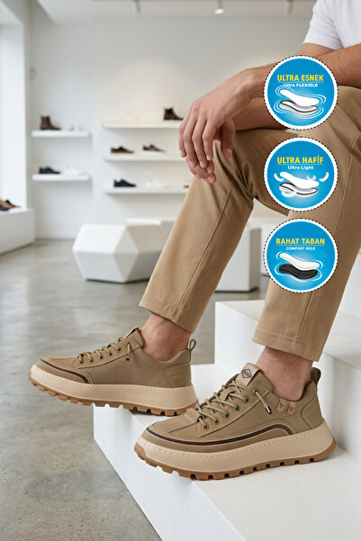 Guja Khaki Breathable Rubber Laced Thick Comfortable Sole Men's Casual Walkin...