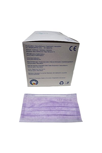 Aea Medical Măști chirurgicale de tip IIR, Mov, cu 3 straturi, Fără latex, Cutie cu 50