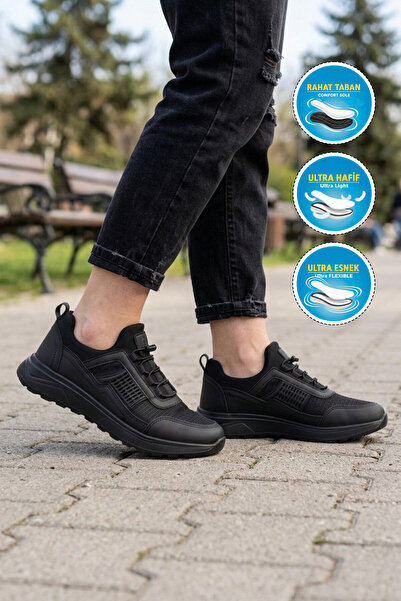 WALKWAY Black-Black Mesh Elastic Laces Comfortable Sole Unisex Walking and Sp...