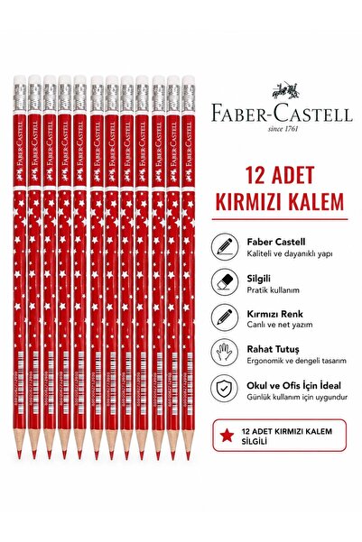 Faber Castell 12 adet kırmızı kurşun kalem silgili yıldız desenli