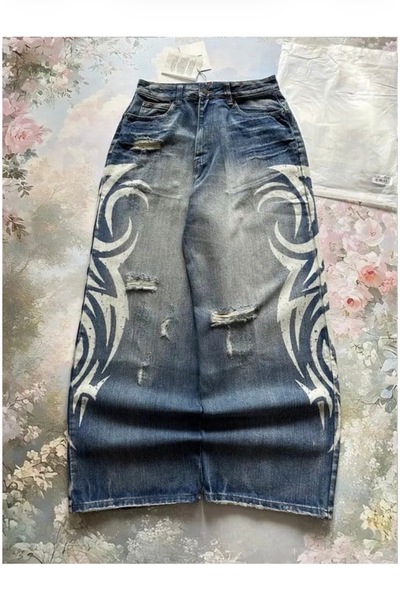 Köstebek Grind Washed Denim Fabric White Tribal Printed Harajuku Unisex Baggy...