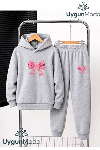 UygunModa Pink Ribbon Printed Hooded Thick Cotton Inside Tracksuit with Pocke...