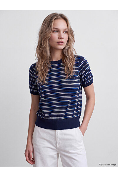 LC Waikiki Lcw Vision Navy Blue Crew Neck Striped Women's Knitwear Sweater