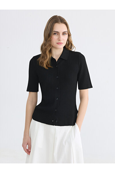 LC Waikiki Lcw Everyday Black Polo Collar Women's Knitwear Cardigan