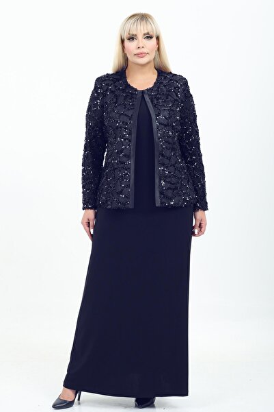 Ladies First Büyük Beden 4030 Lacivert Ceket+Elbise Takım
