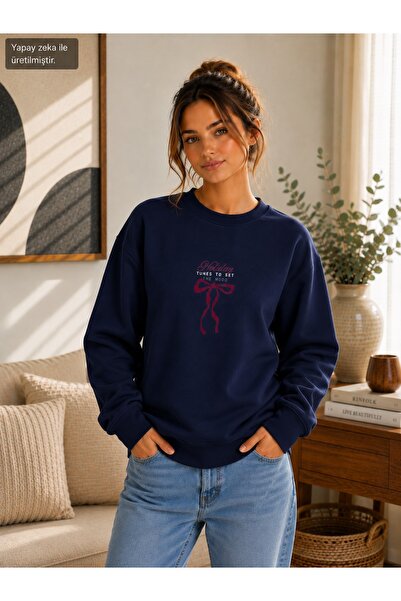 caddekombin Women's Ribbon Printed Holiday Tunes Written Round Crew Neck Casu...