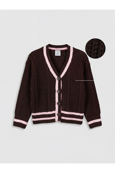 LC Waikiki Brown V-Neck Striped Girls' Knitwear Cardigan