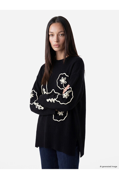 LC Waikiki Lcw Everyday Black Crew Neck Floral Embroidered Women's Knitwear S...