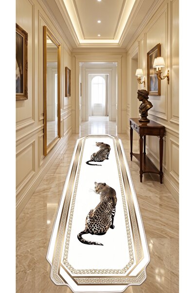 THEMODERNHANE Leopar Desenli GOLD Renkli Dijital Baskılı Yolluk Yıkanabilir K...