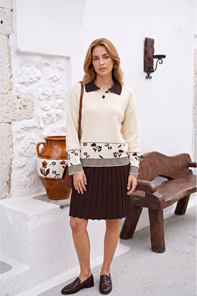 SAYZEN YOUR SHİNE Flower Patterned Shirt Collar Sweater-Skirt Women's Knitwea...