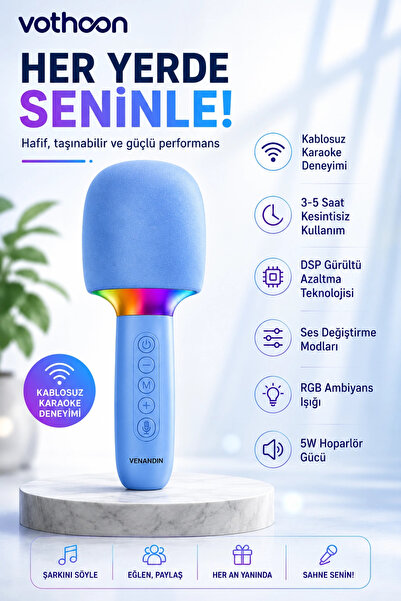 Vothoon Çocuk ve Yetişkin Karaoke Mikrofonu Kablosuz RGB Ambiyans Işığı Ses Değiştirme Modlu Hoparlör