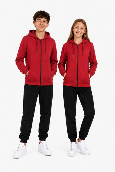 TRENDHİLL Unisex Children's Hooded Collar Tracksuit Set Red-310