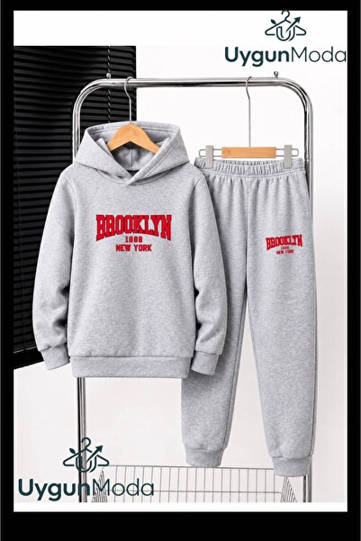 UygunModa Red Brooklyn Text Printed Hooded Thick Cotton Inside Tracksuit with...