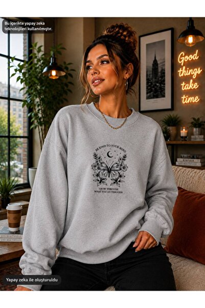 caddekombin Women's Be Kind Written Butterfly and Flower Graphic Printed Roun...
