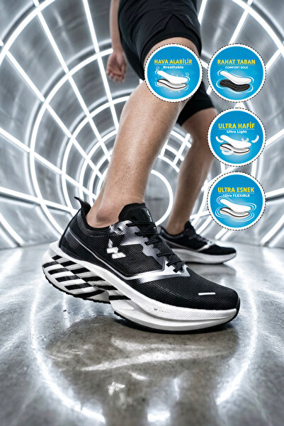 WALKWAY Black-Silver Mesh Lightweight Memory Comfortable Sole Men's Running, ...