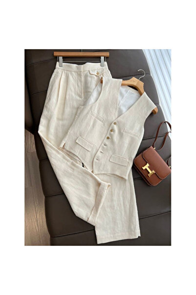 Generic Brand Elegant 2-piece women's set with Vest and wide-leg pants – Cream