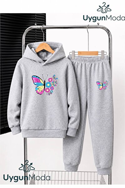 UygunModa Daisy Butterfly Printed Hooded Thick Cotton Inside Sweatpants with ...