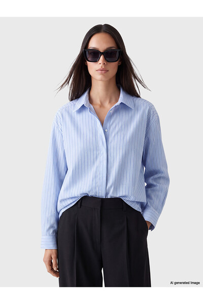 LC Waikiki Lcw Studio Blue Stone Detailed Striped Poplin Women's Shirt