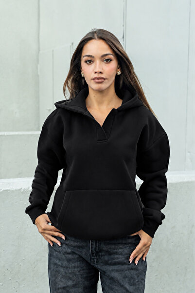 Merci Women's Black Hooded Oversize Sweatshirt with Kangaroo Pocket, Baby Col...