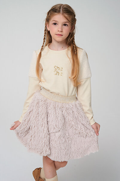 SheShe Beige Fur Skirt Sweatshirt Set