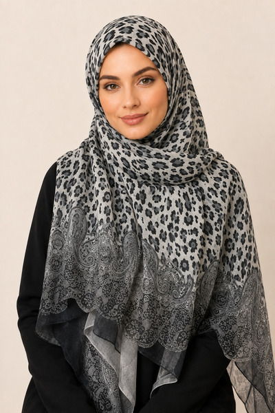 KESKİN AKSESUAR SİYAH GRİ LEOPAR DESENLİ ŞAL İNCE DOKULU KADIN ŞAL