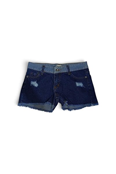 BeHill Be Hill Women's Double Tone Blue Ripped Detailed Tasseled Hem Mini Jean Shorts