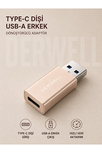 Derwell Usb Dişi Type-C Erkek Çevirici Adaptör USB 3.0 To Type C 3.1 Veri Şar...