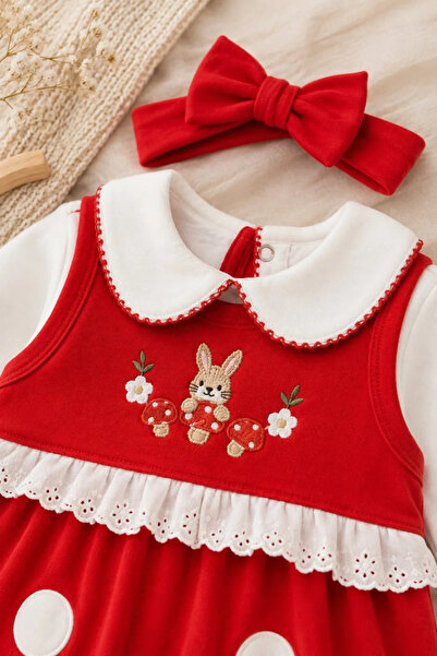 Tuğra Bebe Rabbit Embroidered Bandana Cotton Baby Girl Romper Bodysuit