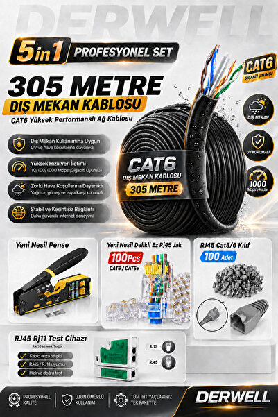 Derwell 5in1 Profesyonel Set; 305 metre dış mekan uyumlu CAT6 internet kablos...
