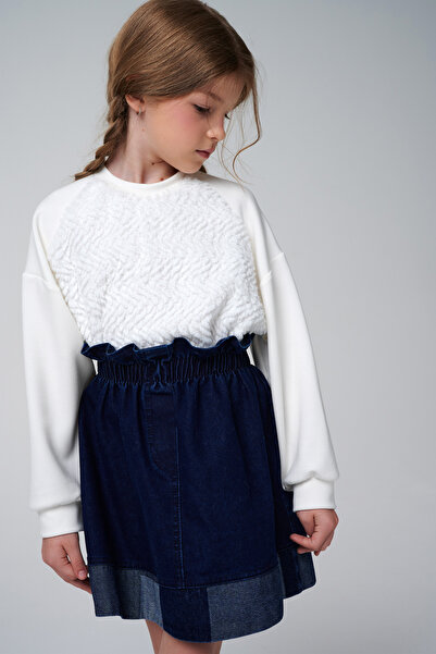 SheShe Fur Detailed Knitted Girls' Sweatshirt and Jean Skirt Set