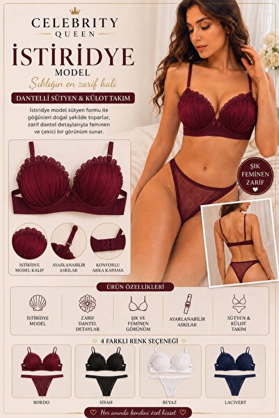 Celebrity Queen İstiridye Model Push-up Destekli Sütyen Takımı Tam Kalıp Bord...