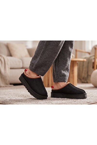 StepMore Women's Black Suede Thick Flat Platform Sole Fur Lined Winter Slippers