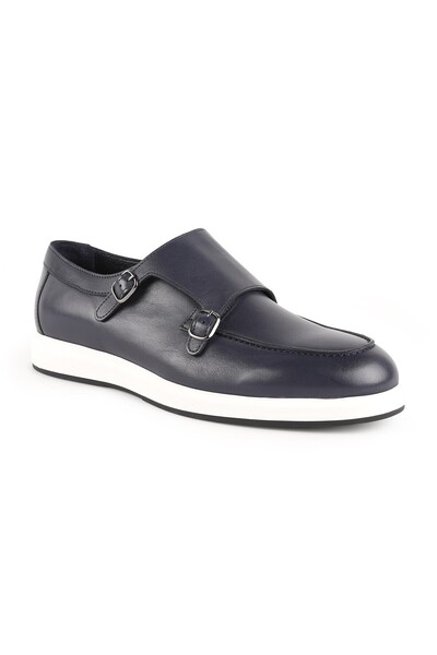 LBR Men's Casual Shoes Navy Blue Genuine Leather Double Buckle Monk Strap Lig...
